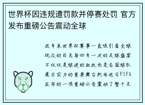 世界杯因违规遭罚款并停赛处罚 官方发布重磅公告震动全球